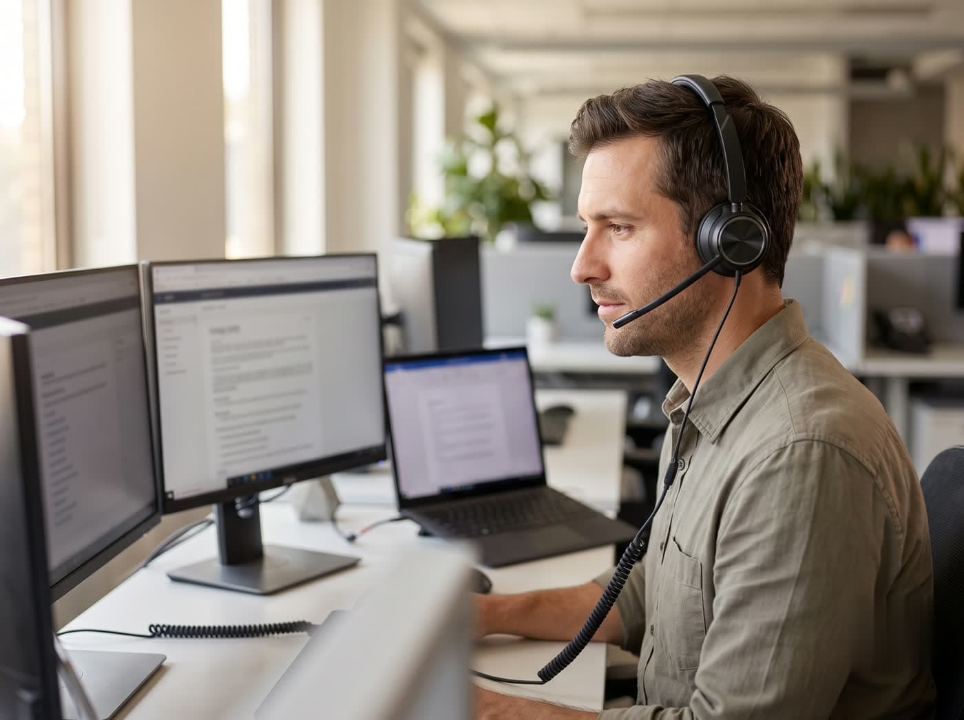 An EcoLink support engineer on a headset at their desk